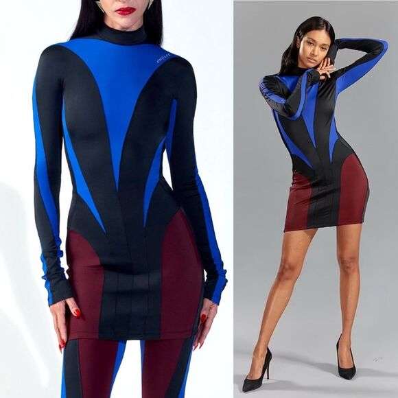 MUGLER x H&M Collab NWT Size XXL Spiral Paneled Mini Dress Colorblocked Bodycon - Picture 1 of 12